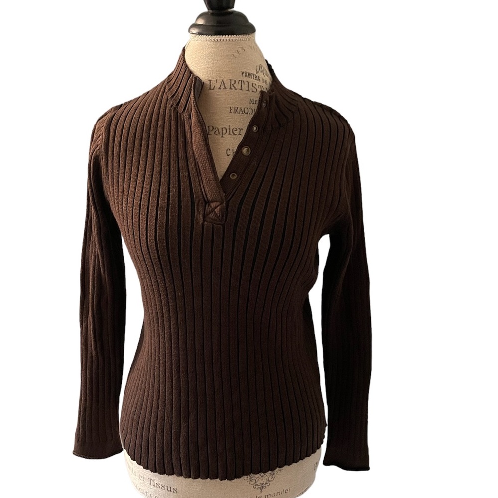Women’s chocolate brown flattering sweater. Size Med, but fits more like a SM.